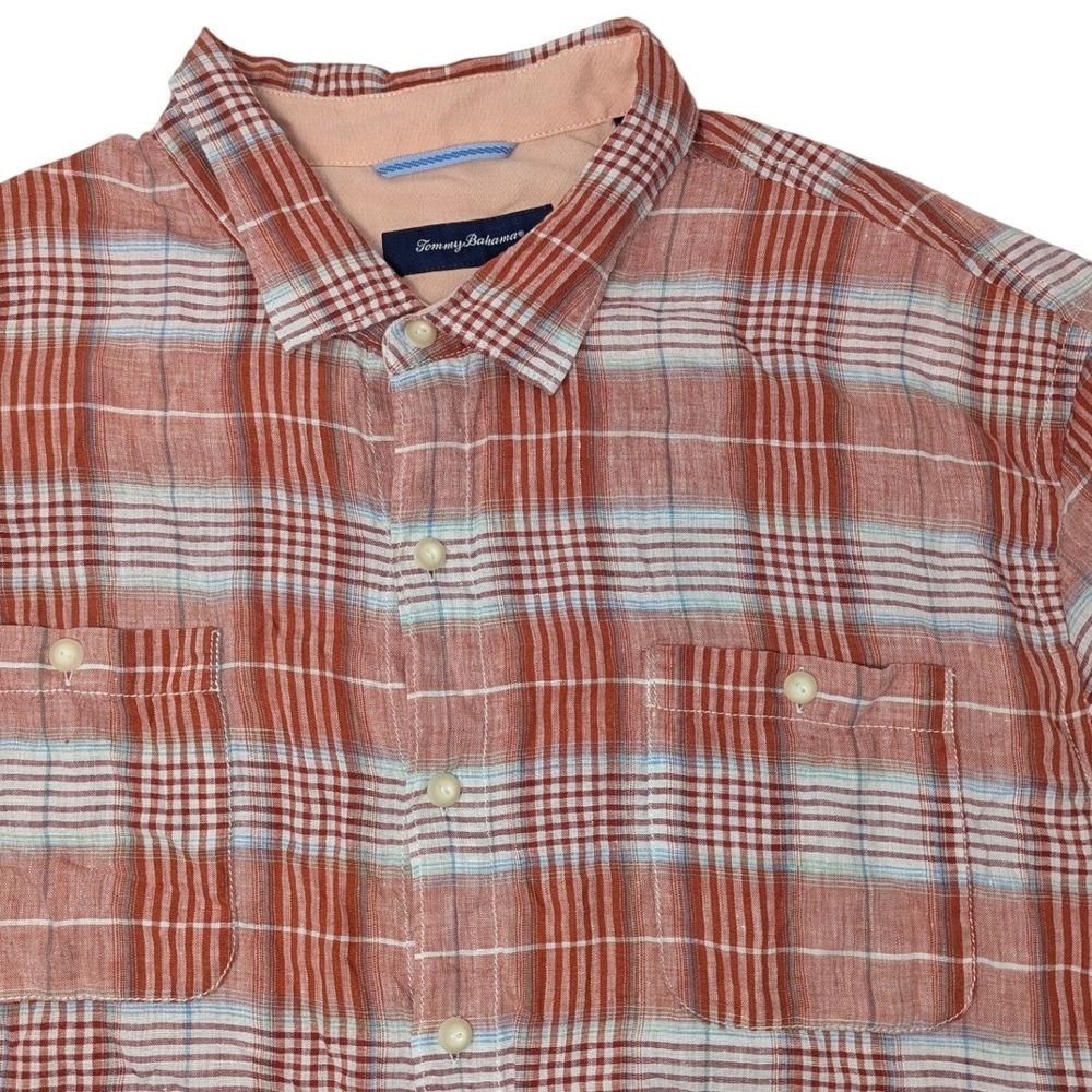 Tommy Bahama Mens Linen‎ Plaid Short Sleeve Button Up Shirt 3XL Coral Blue White